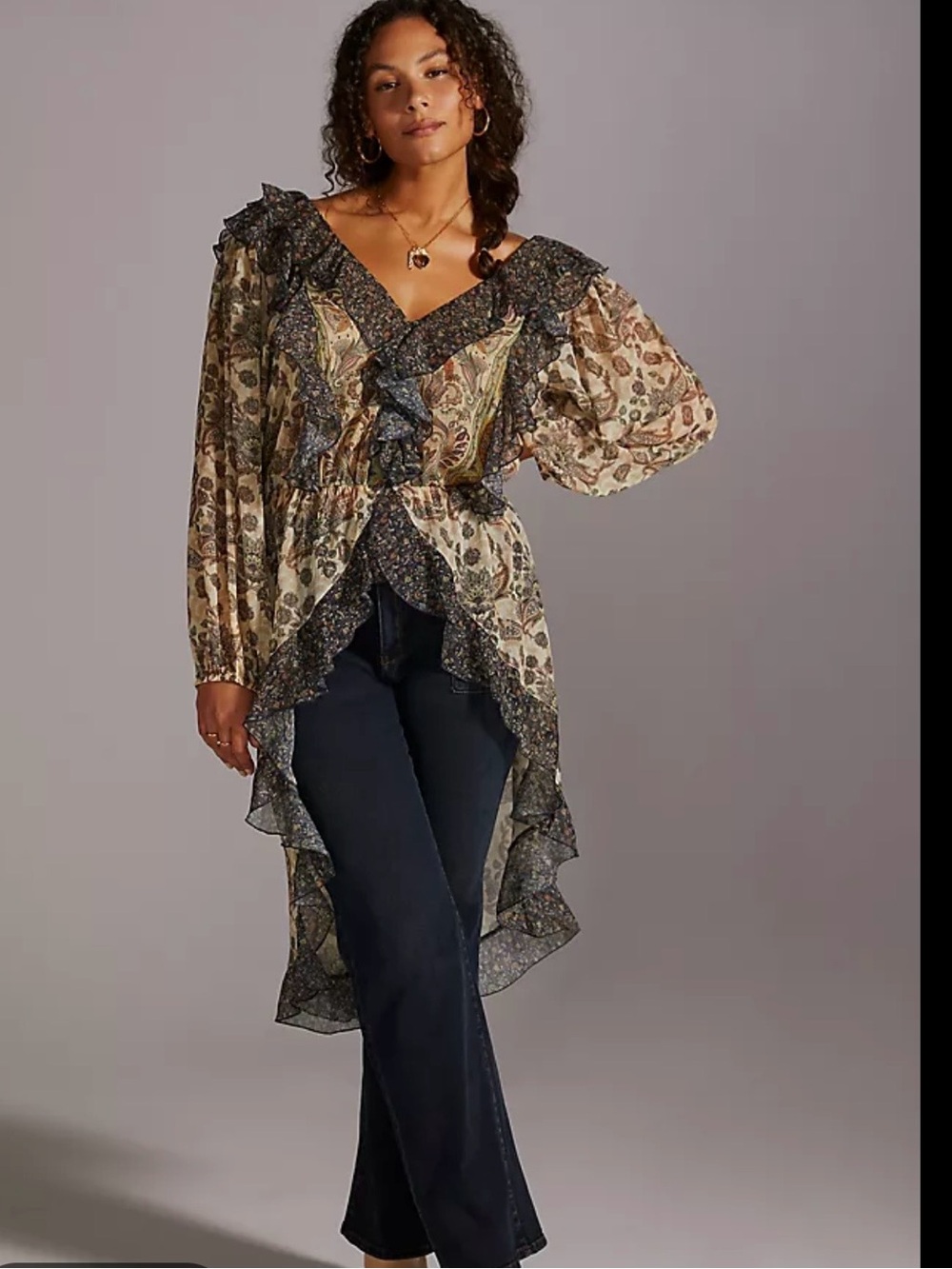 Floral High-Low Ruffle Tunic Top - Beige & Navy